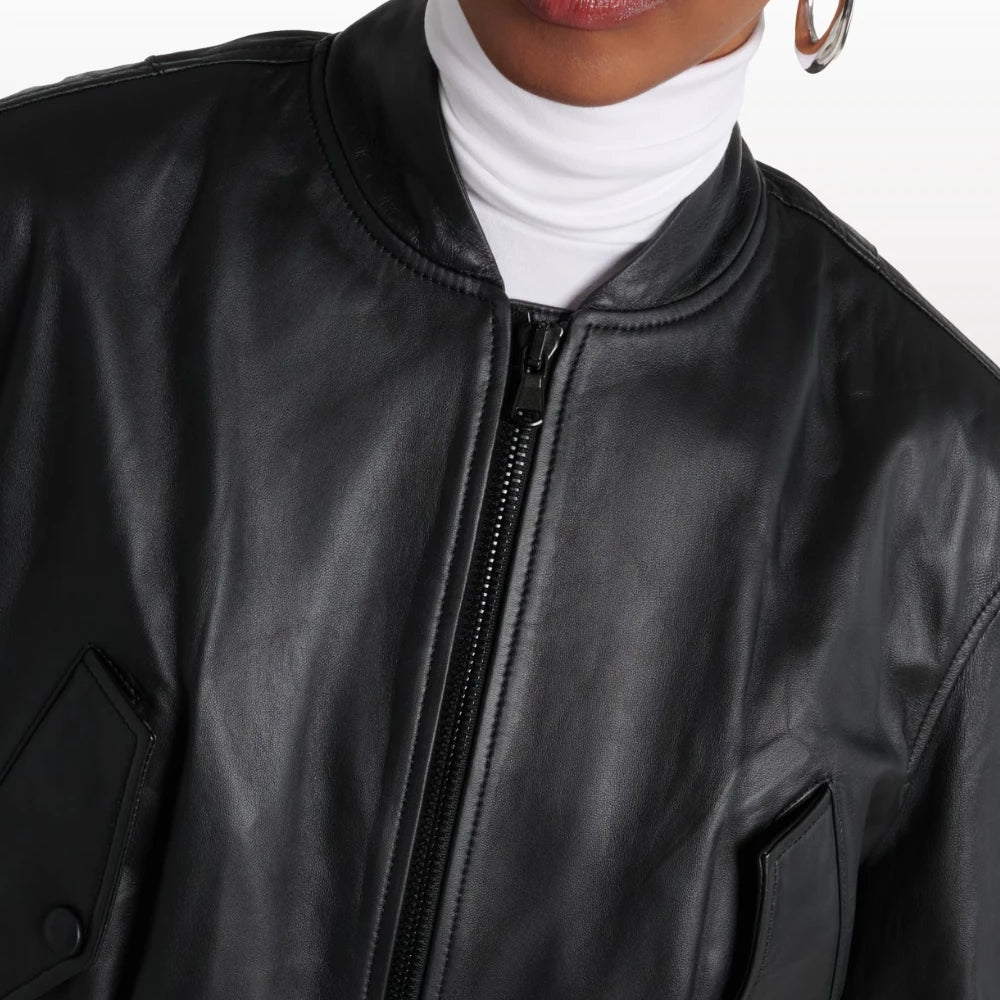 Women's Cropped Leather Bomber Jacket - Black Classic