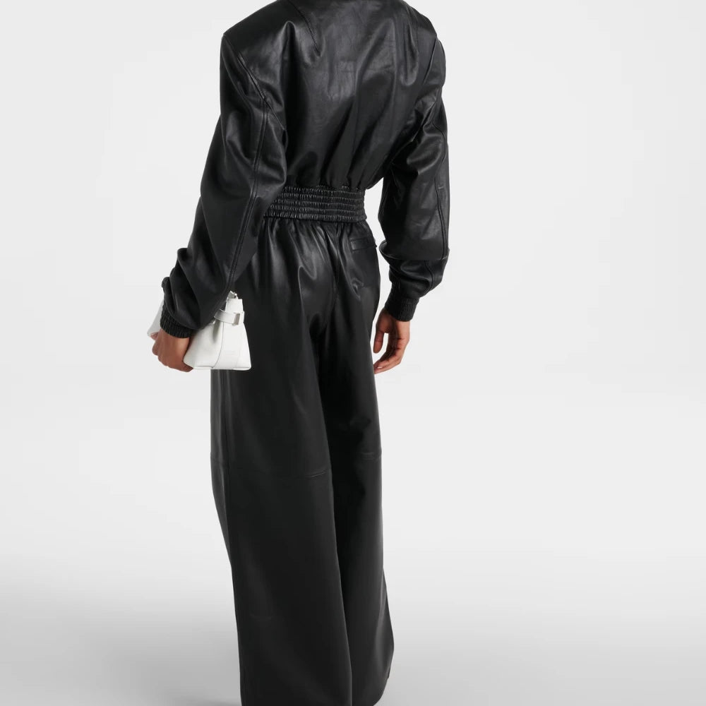 Women's Cropped Leather Bomber Jacket - Black Classic