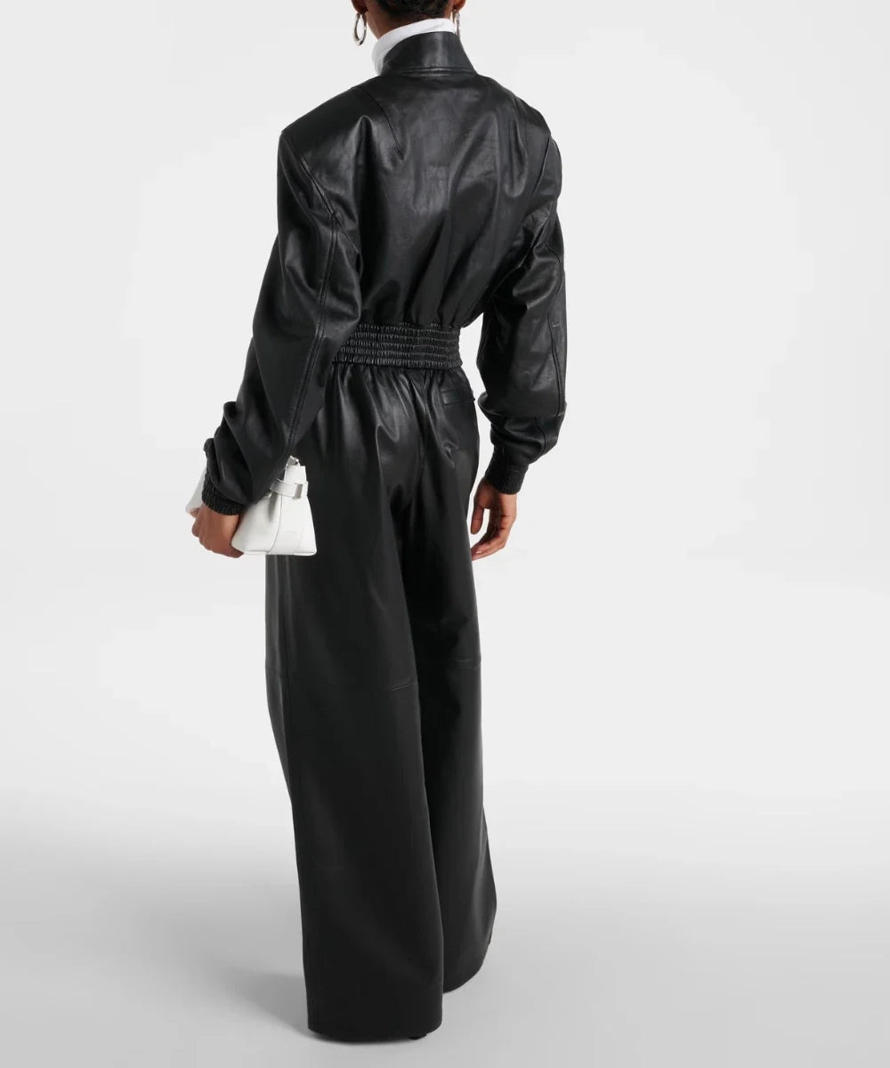 Women's Cropped Leather Bomber Jacket - Black Classic