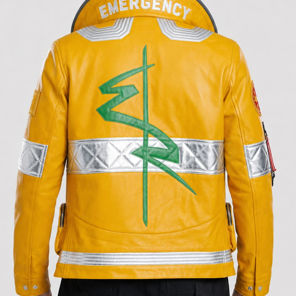 Back view of the Cyberpunk Edgerunners David Martinez Yellow Jacket showcasing the anime-accurate design and premium leather construction.