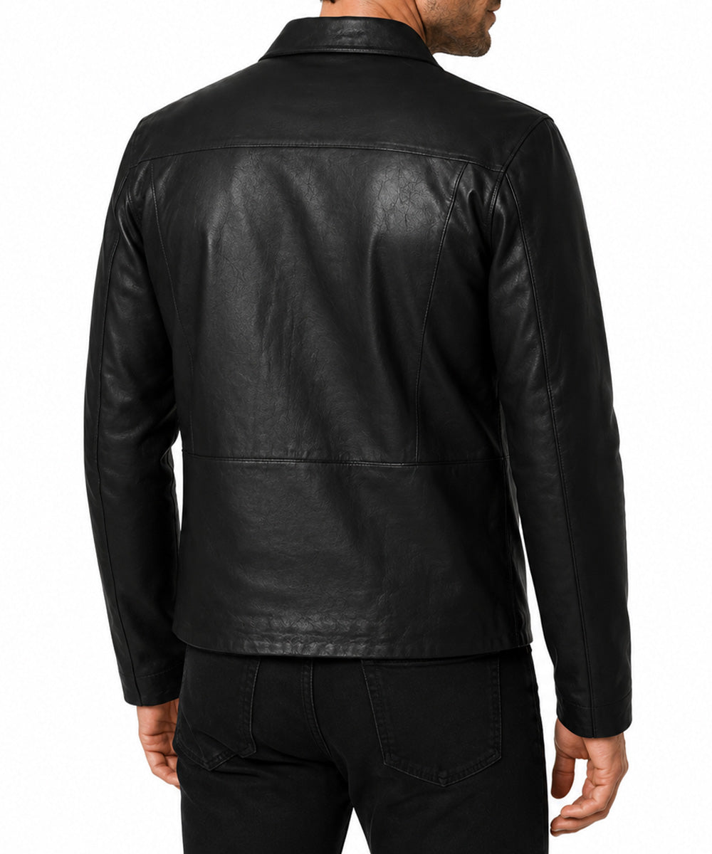 A man wearing a black leather jacket, shown from the back against a plain white background.
