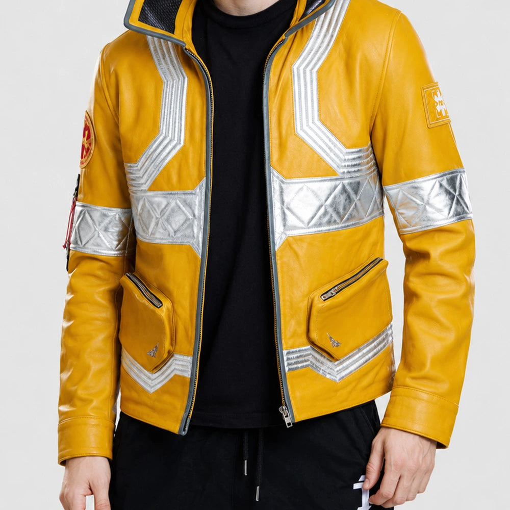 Front view of the David Cyberpunk Jacket made from genuine leather, inspired by David Martinez from Cyberpunk Edgerunners for cosplay and streetwear.