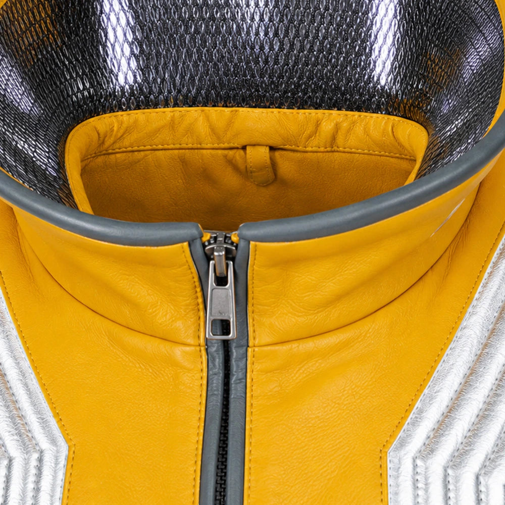 Close-up detail of the David Martinez cosplay leather jacket featuring rib-knit cuffs, premium zipper closure, viscose lining, and authentic Cyberpunk styling.
