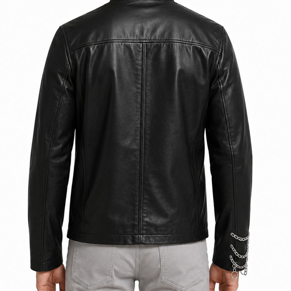 Back view of Eddie Munson inspired black leather jacket