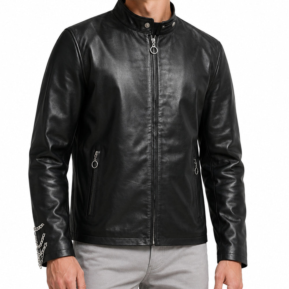 Side view of black leather jacket with snap-tab collar and zip closure