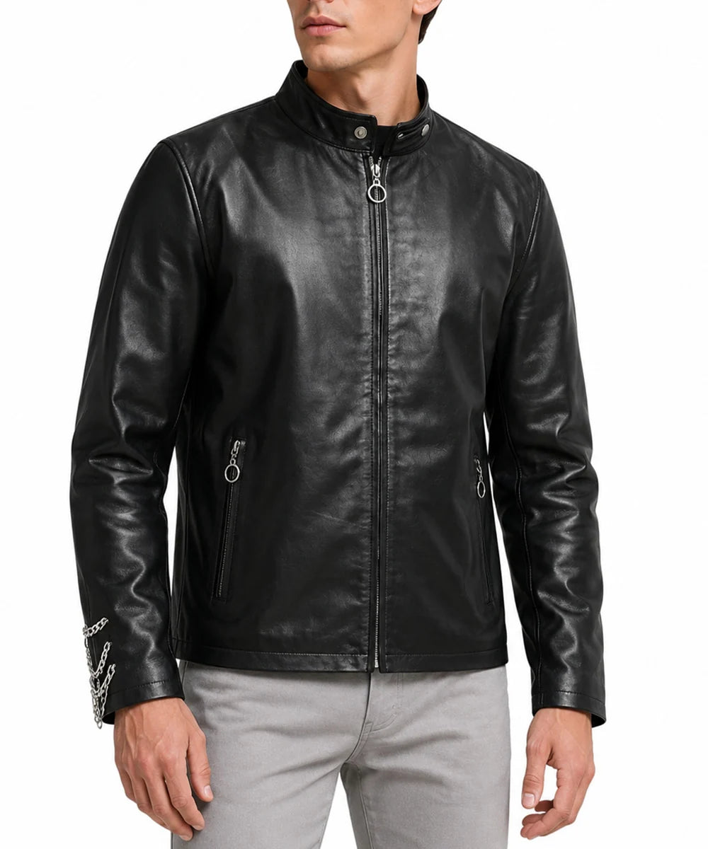 Side view of black leather jacket with snap-tab collar and zip closure