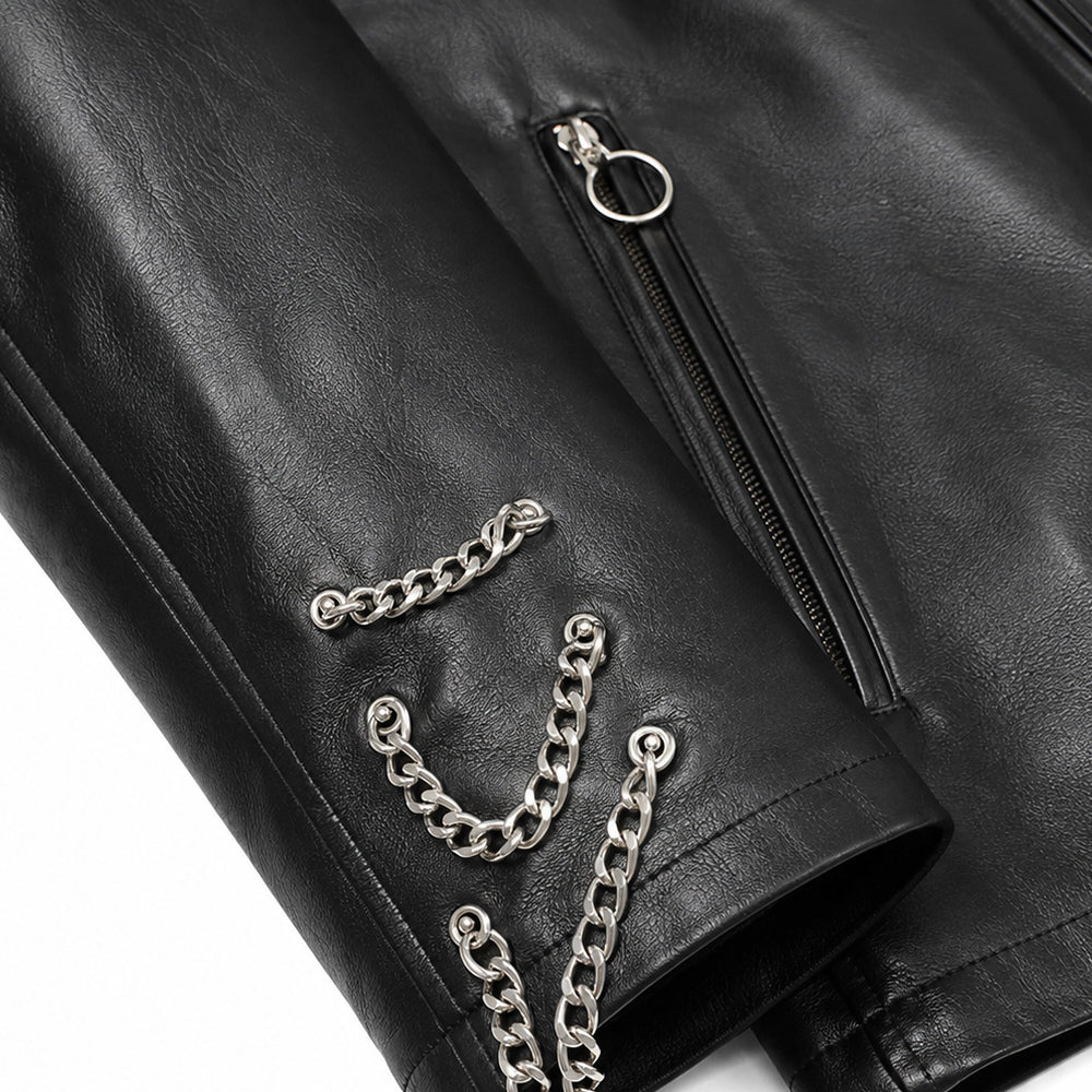 Black leather jacket with adjustable zipper cuffs and long sleeves