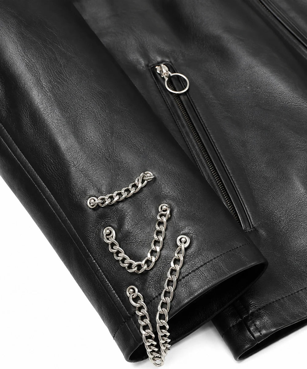 Black leather jacket with adjustable zipper cuffs and long sleeves
