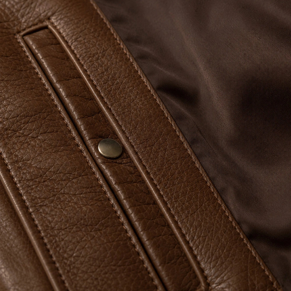 Front view of a men's brown cafe racer leather jacket with stand collar and zip closure