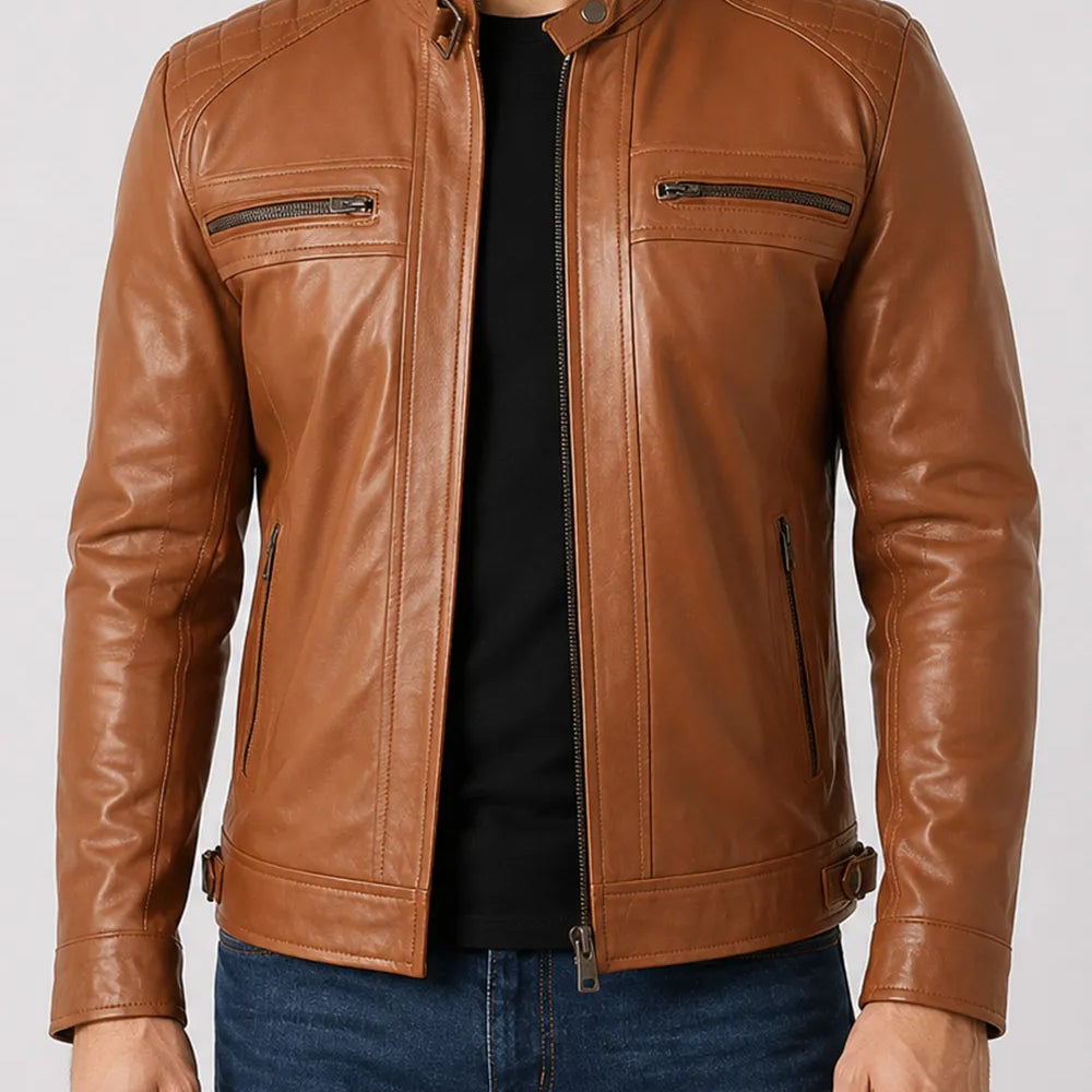 Camel cafe racer jacket with lapel collar