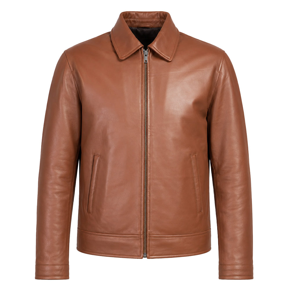 A brown leather jacket with a full front zipper, pointed collar, and two vertical zippered hand pockets, shown on a plain white background.