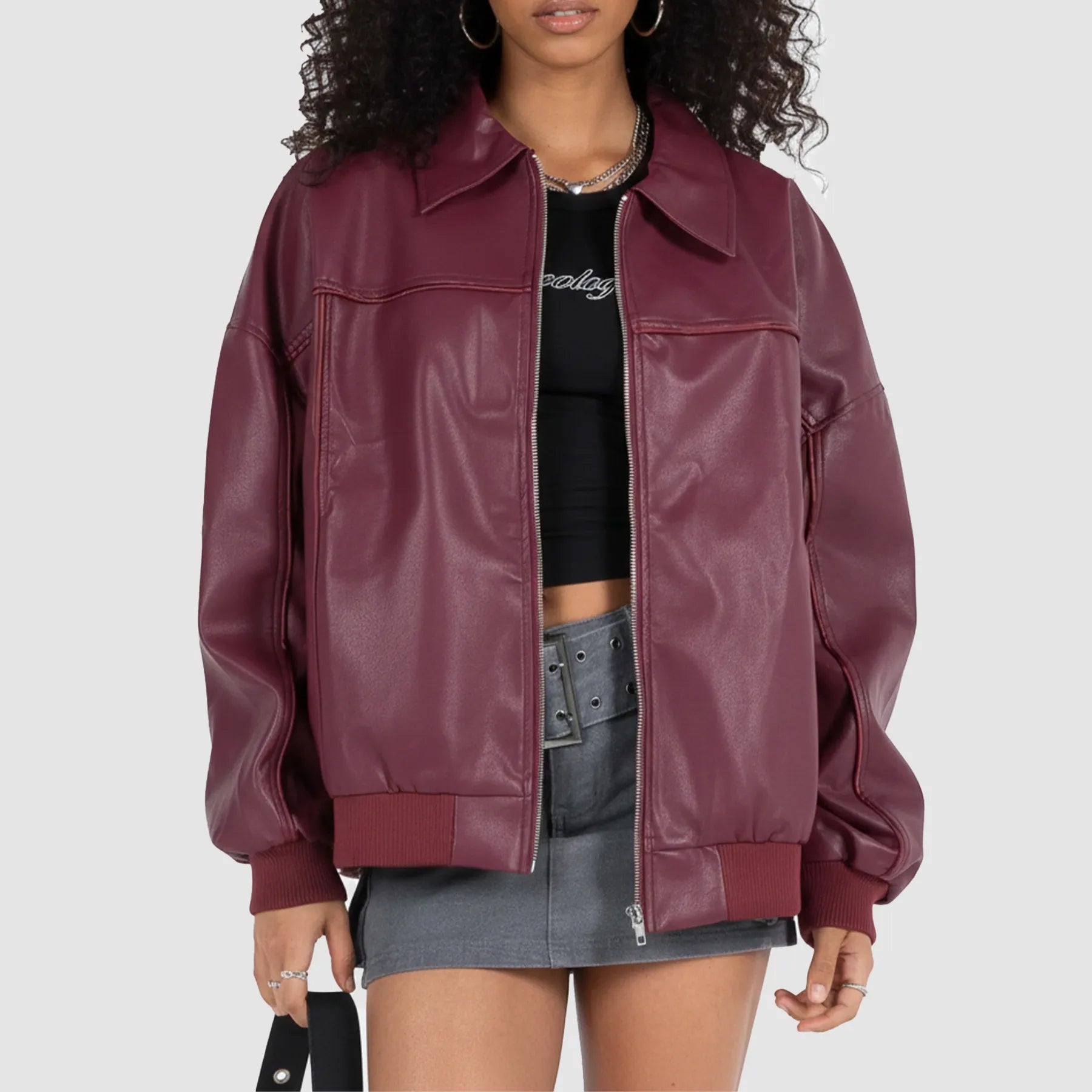 Women's Maroon Leather Bomber Jacket