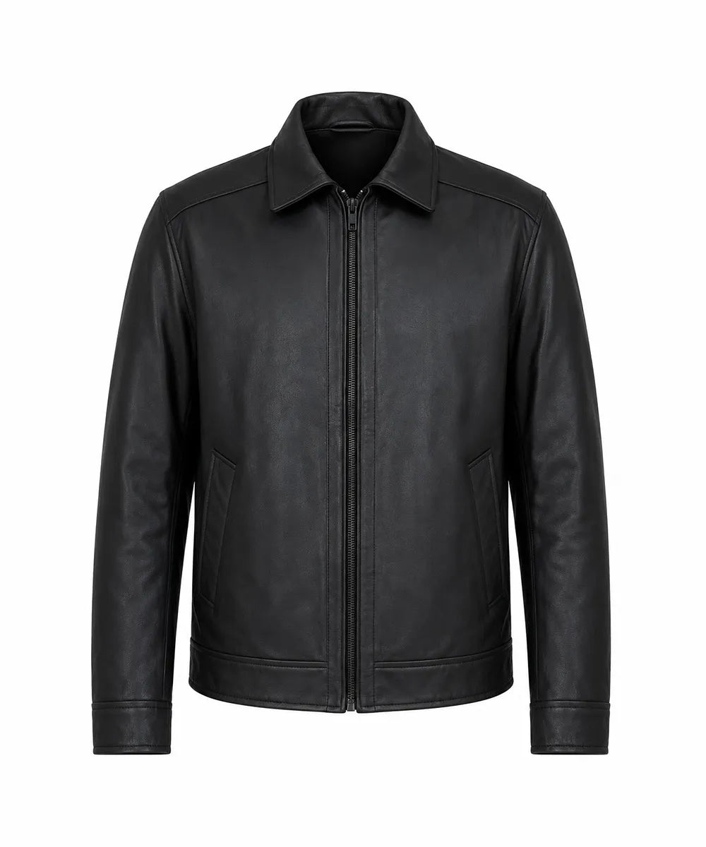 A black leather jacket with a full front zipper, pointed collar, and side pockets, shown against a plain white background.
