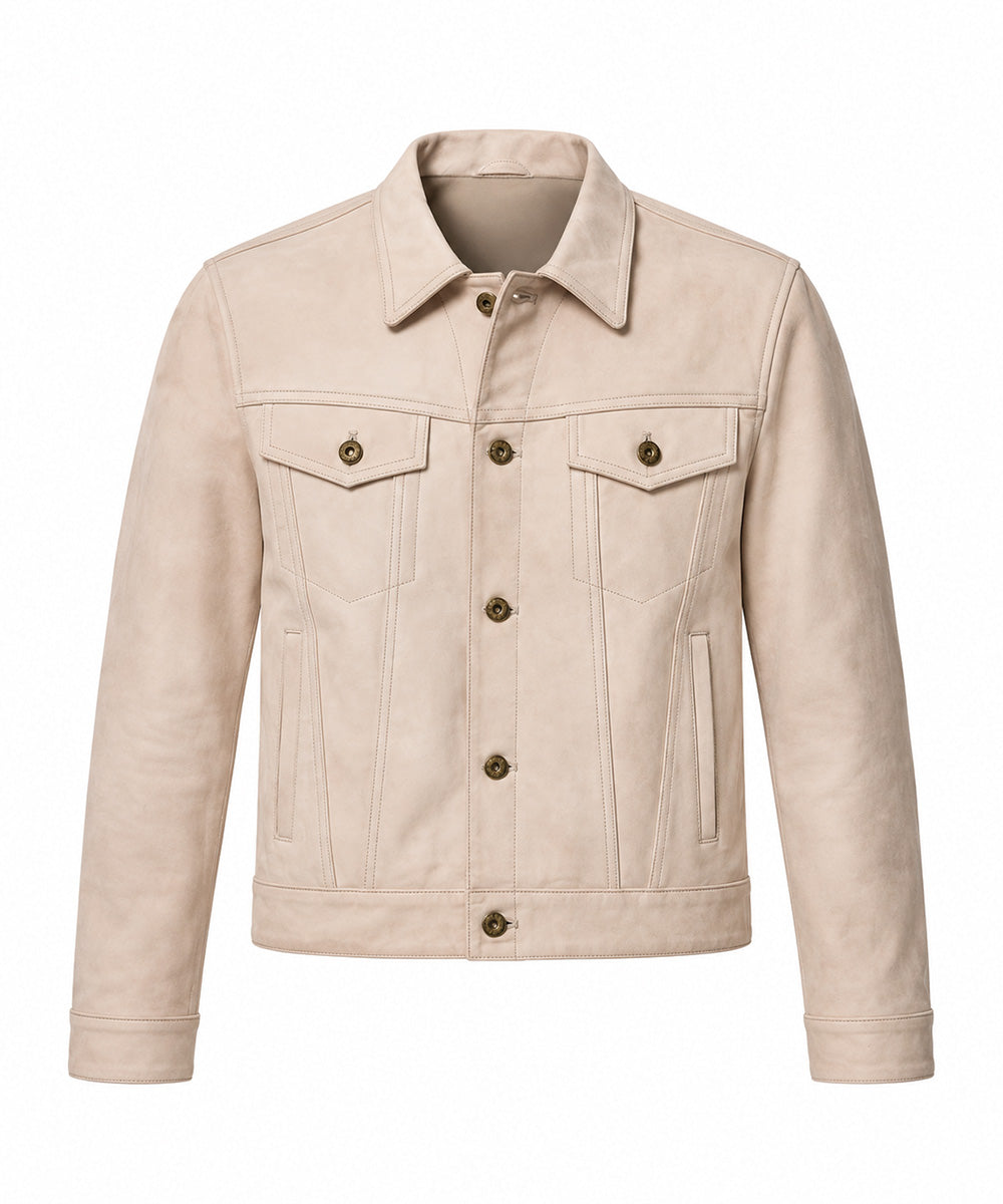 A light beige suede or faux-suede jacket with a pointed collar, button-up front, and two buttoned chest flap pockets, shown on a plain white background.