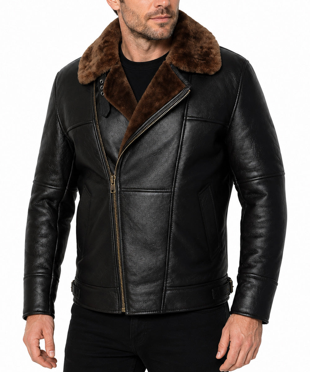 Man wearing black sheepskin leather aviator jacket with brown fur collar and cross-zip front