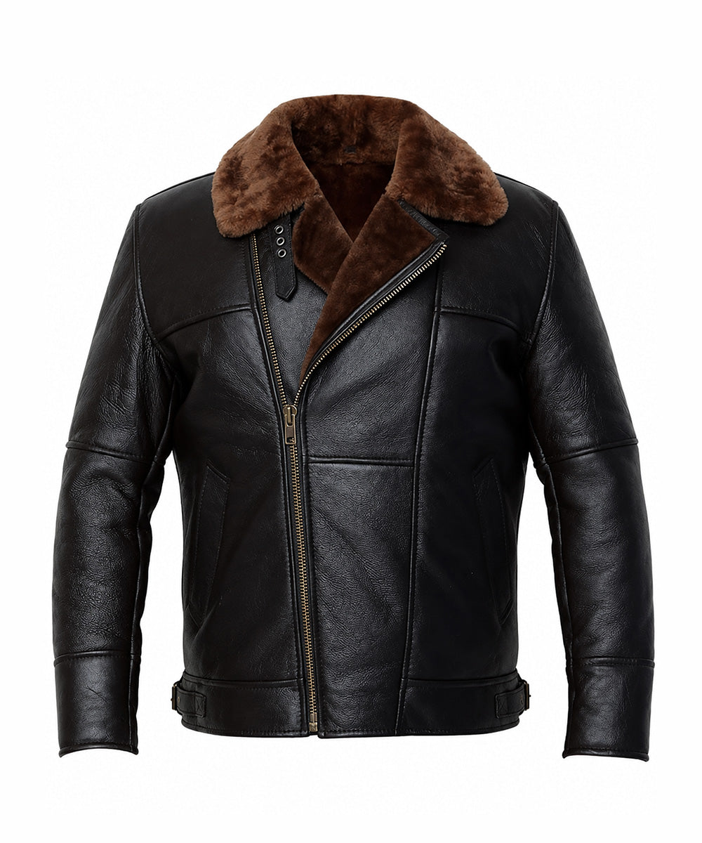 Men’s black sheepskin leather aviator jacket with brown fur collar, front view