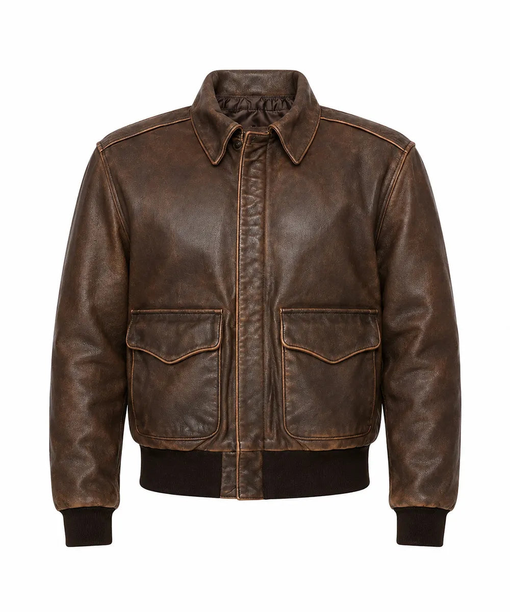 Men's brown A-2 leather flight jacket with a vintage distressed finish