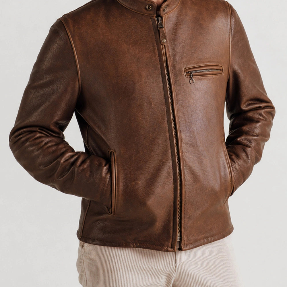 Men's brown cafe racer leather jacket styled for everyday wear and motorcycle riding