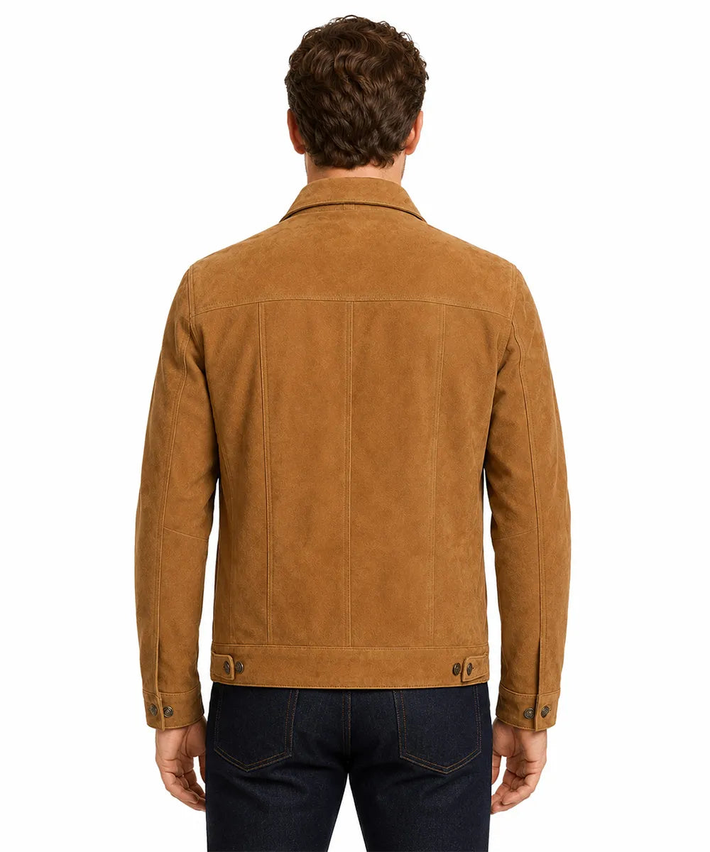 Men's brown suede trucker jacket back view
