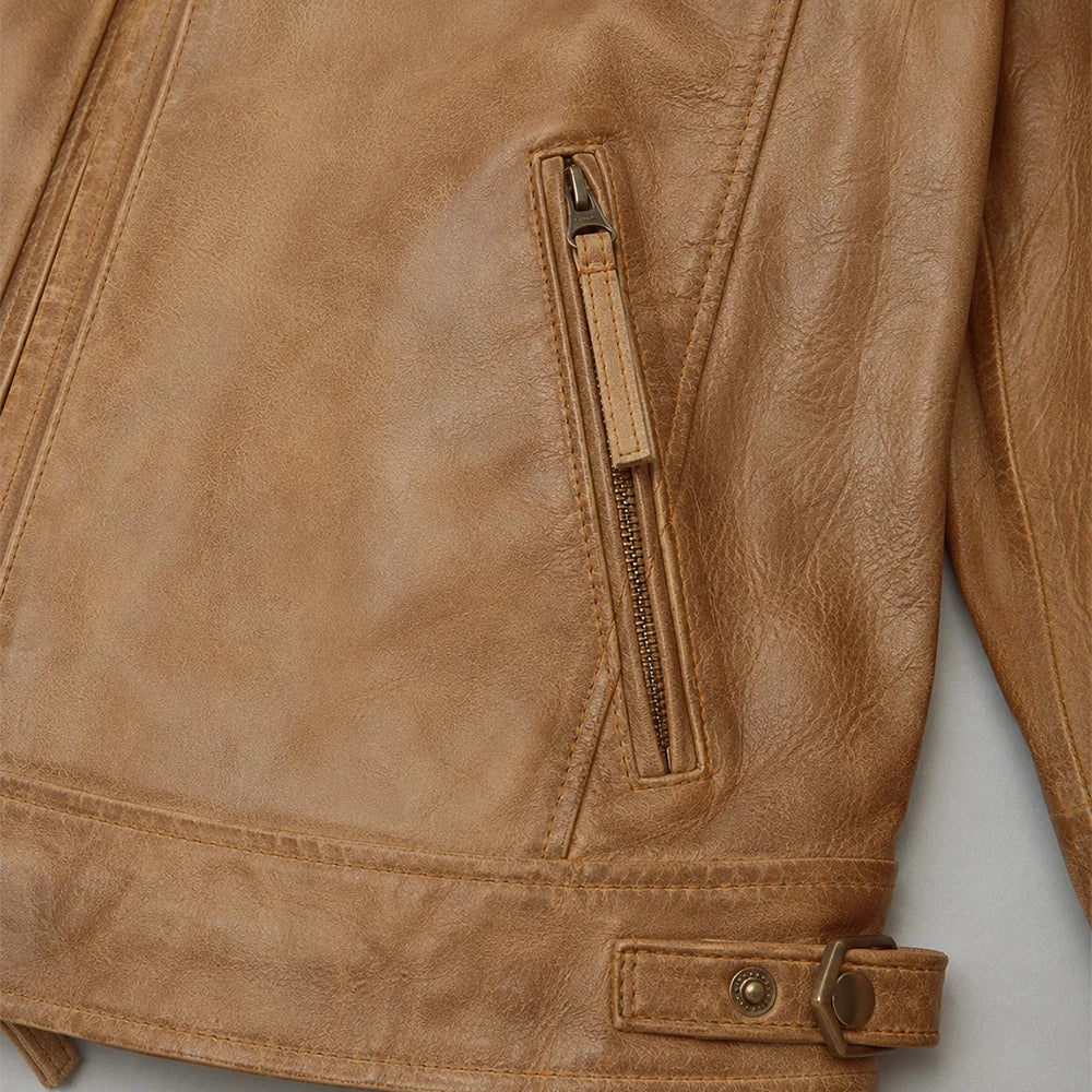 Man wearing Men's Camel Leather Jacket styled with casual outfit for vintage inspired streetwear fashion.