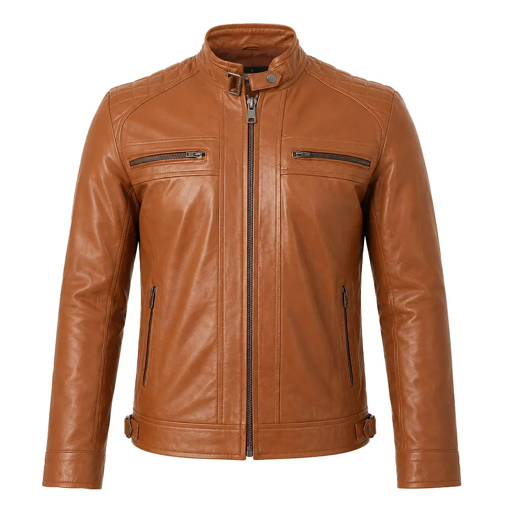 Men's camel cafe racer leather jacket front view
