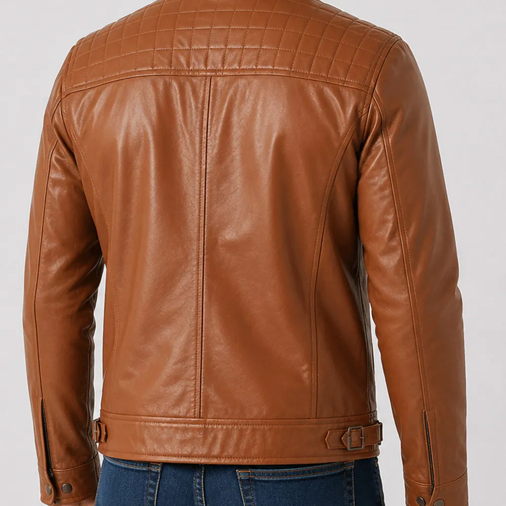 Men's camel lambskin leather jacket back view