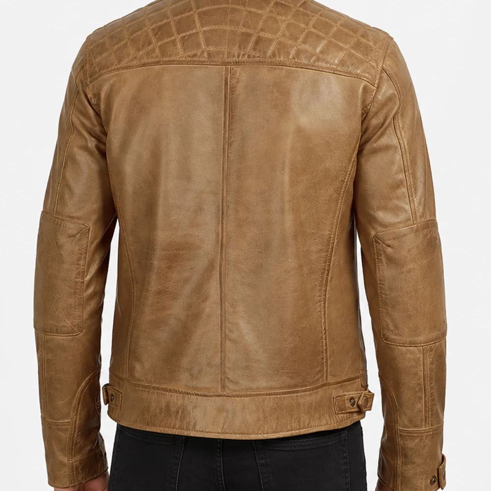 Back view of Men's Camel Leather Jacket showing rich brown leather finish, clean stitching, and classic outerwear design.