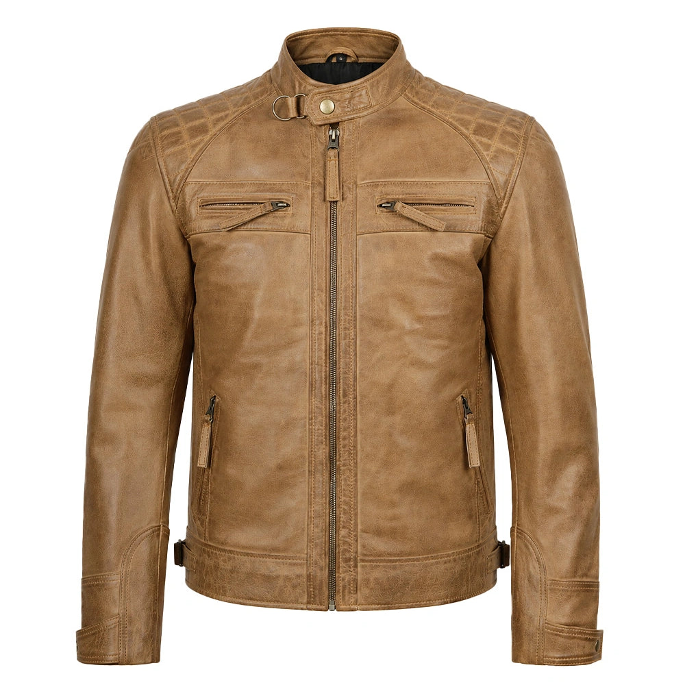 A tan leather motorcycle jacket with a stand collar, front zipper, and zippered chest pockets, shown on a plain white background.