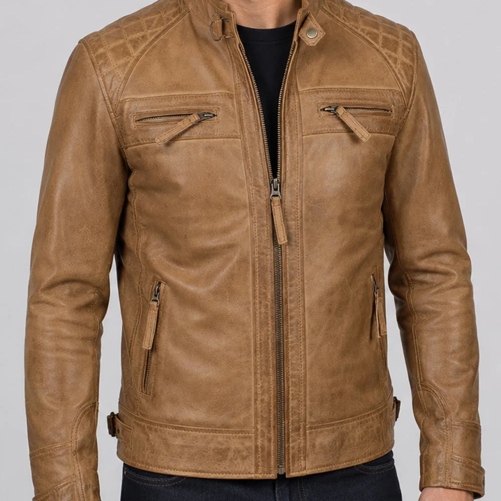Side profile of Men's Camel Leather Jacket with structured collar, zipper closure, and comfortable leather construction.