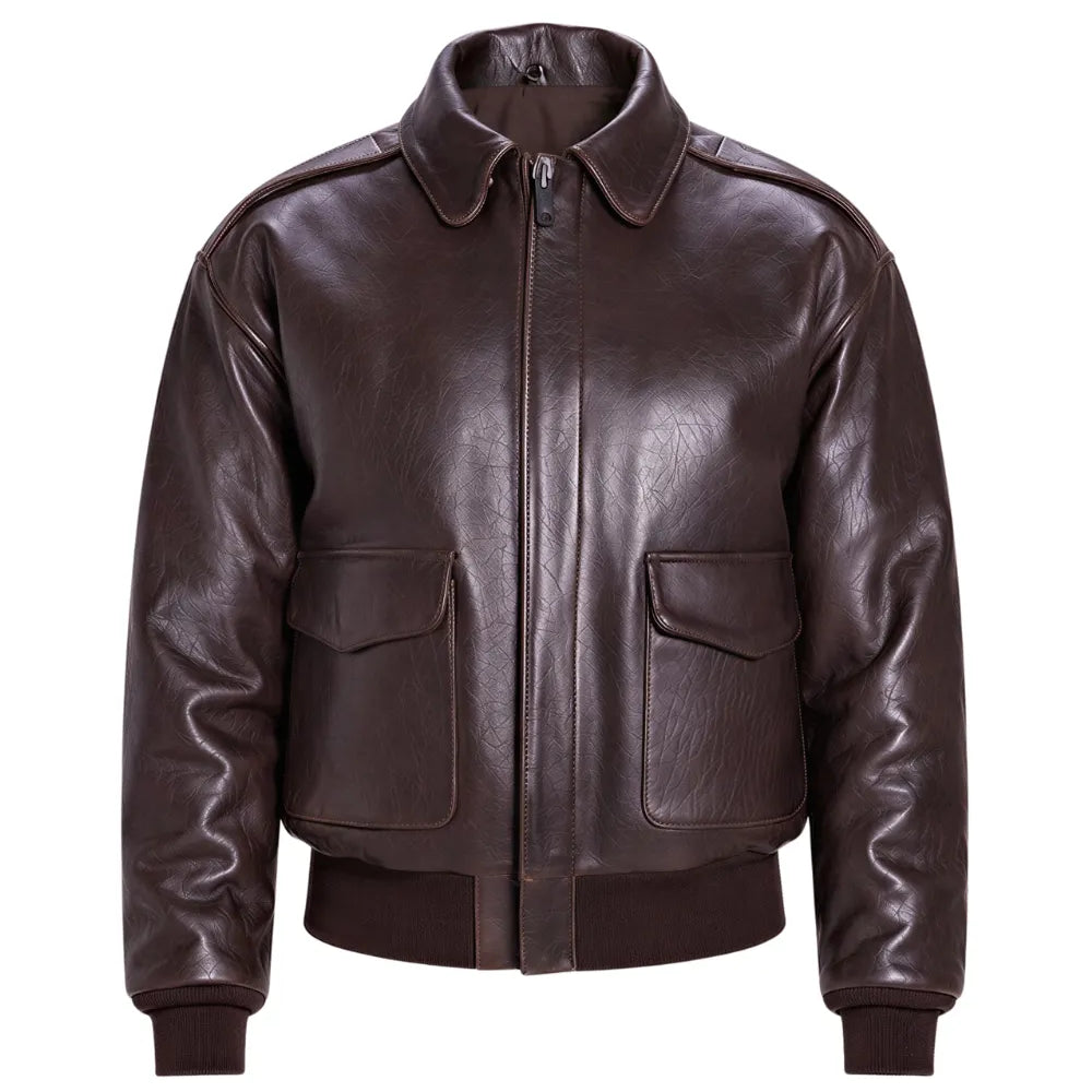 Men's Leather Flight Jacket in classic A-2 style made from genuine cowhide leather with a vintage dark brown finish and rib-knit cuffs