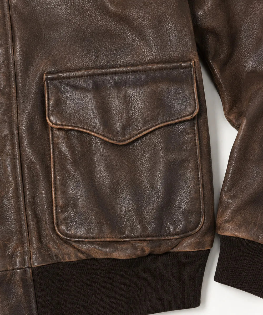 A-2 leather jacket with knit cuffs and a matching ribbed waistband