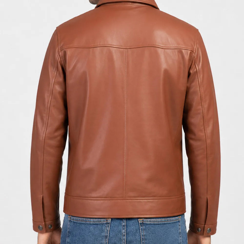 Back view of a men's leather Harrington jacket featuring premium genuine lambskin leather and a clean classic design.