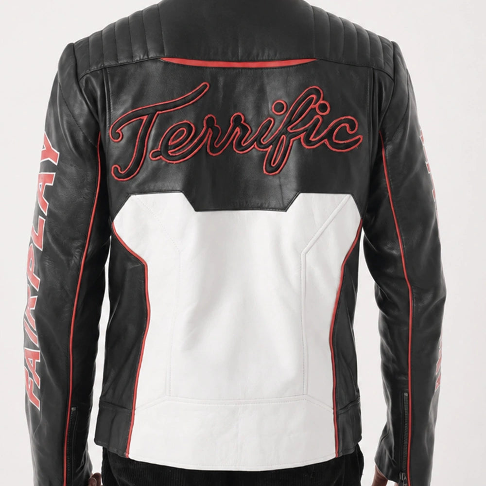 Men's Mr Terrific Jacket back view showing black leather finish, structured design, and clean premium stitching details.