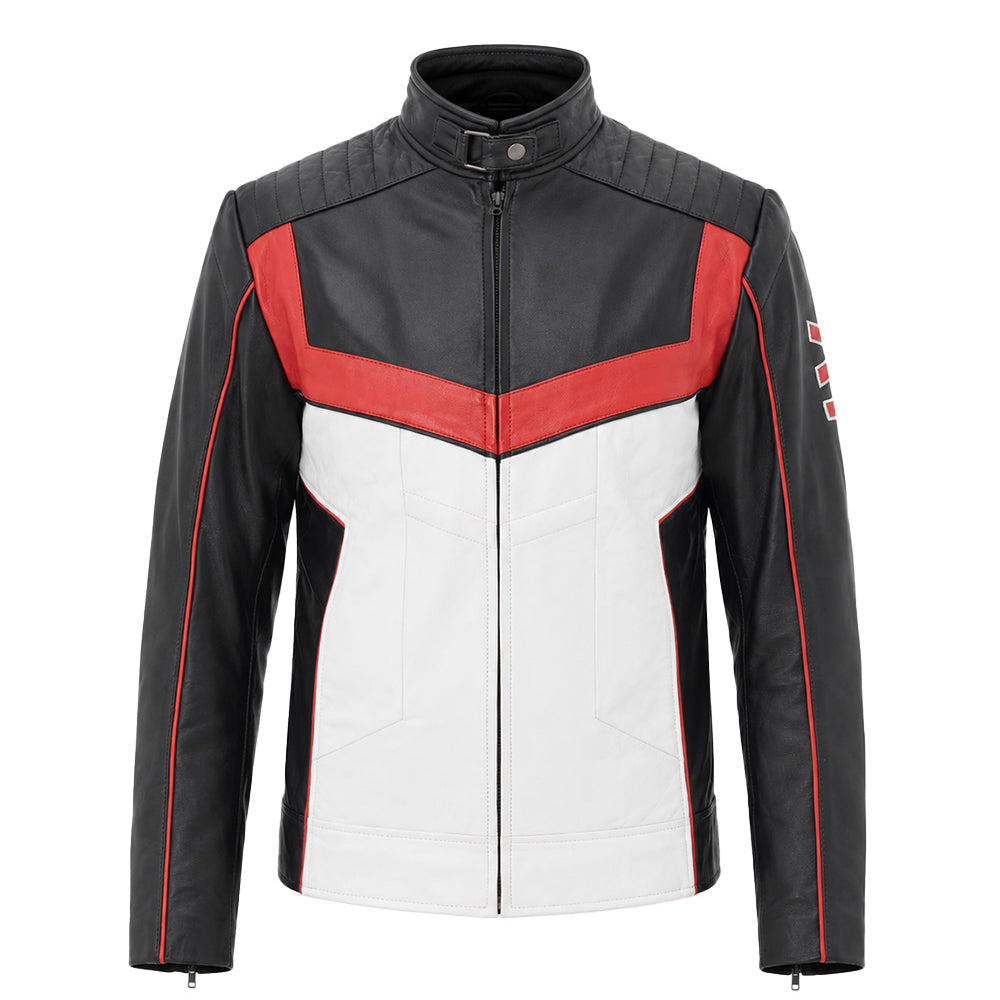 A black leather motorcycle jacket with a white front panel and red geometric accents, featuring a high collar and full zipper closure, shown on a plain white background.
