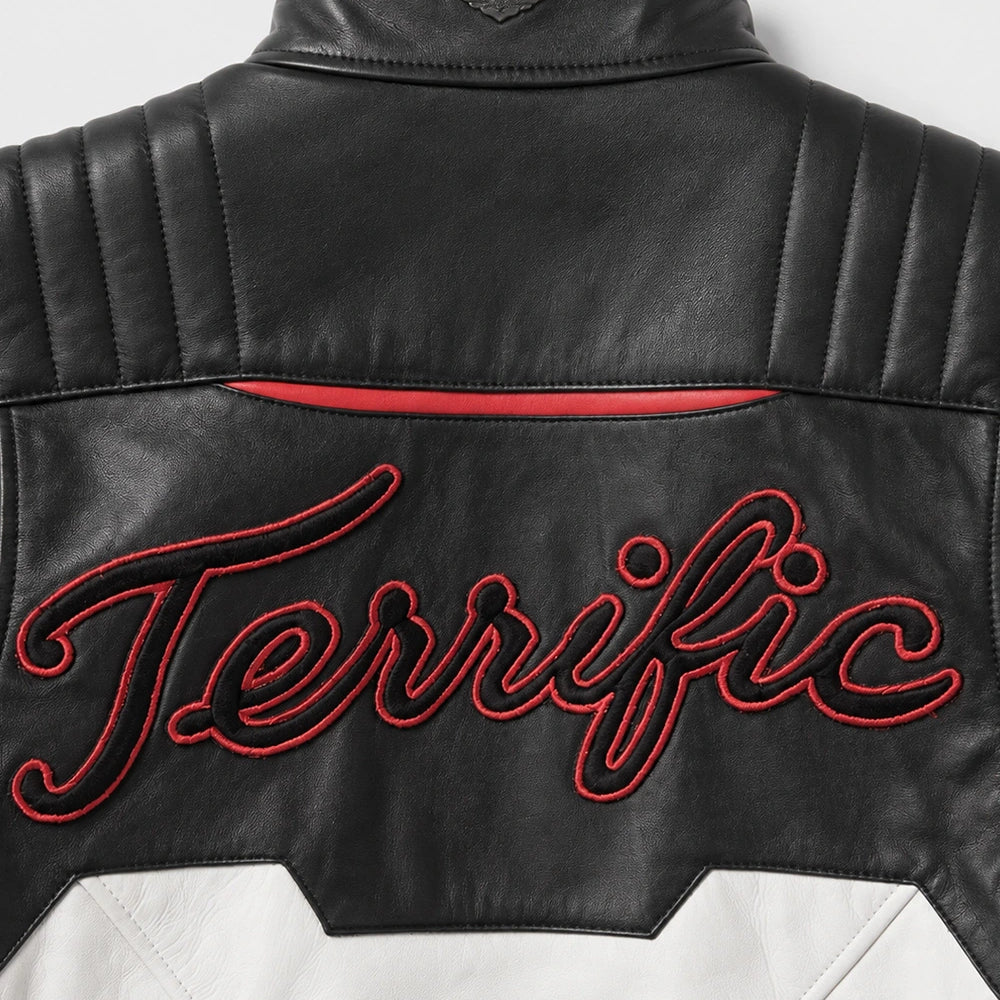 Close-up of Mr Terrific Jacket showing Fair Play inspired details, leather texture, zipper closure, and quality craftsmanship.