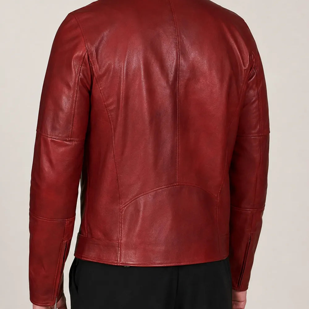 Men’s red leather biker jacket showing front zip pockets and sleeve zippers