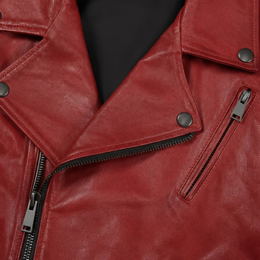Men’s red leather biker jacket back view in smooth red leather