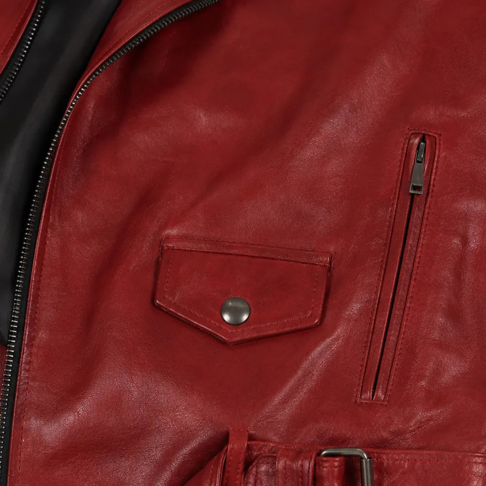 Men’s red leather biker jacket with cross-zip closure and studded collar