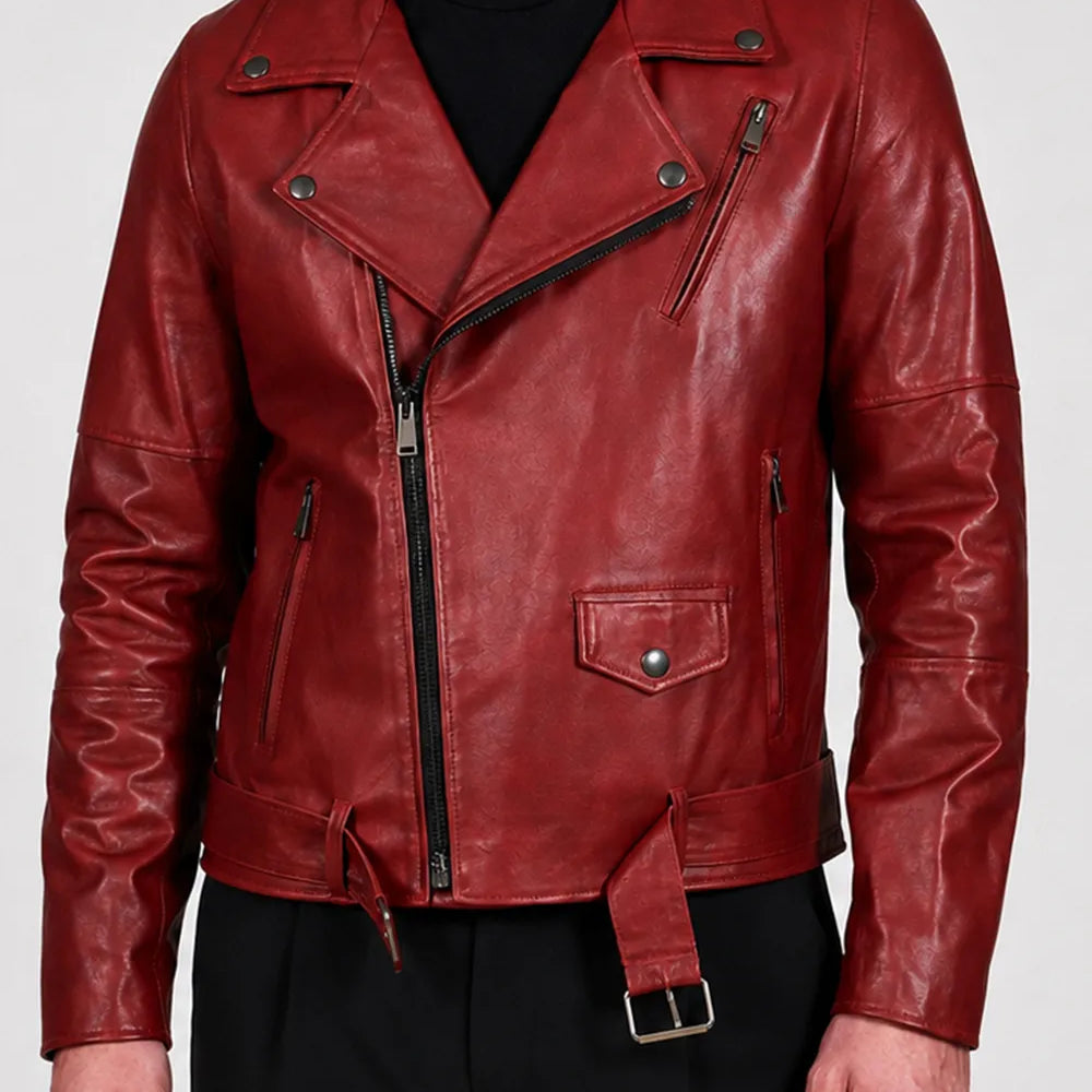 Men’s red leather biker jacket side view with slim fit