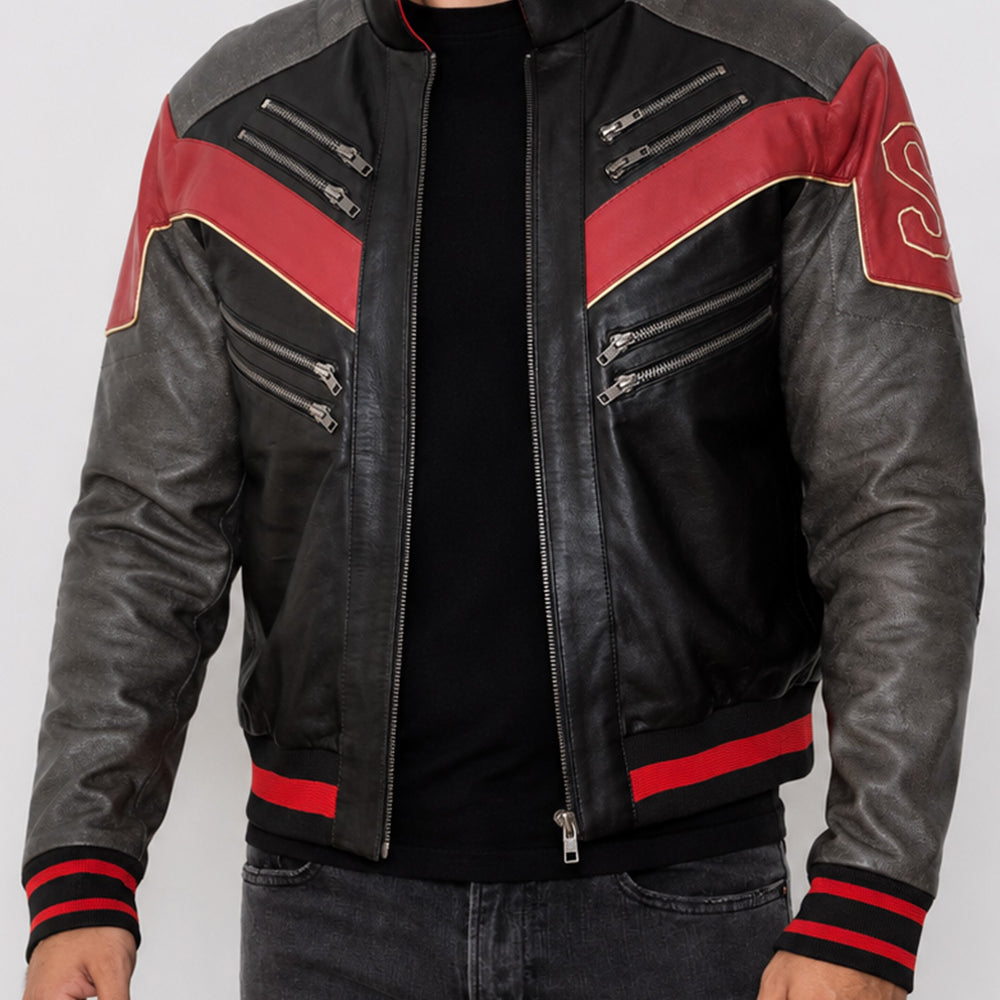 Side profile of a Miles Morales inspired leather jacket with premium craftsmanship, zippered pockets, and a modern motorcycle style.