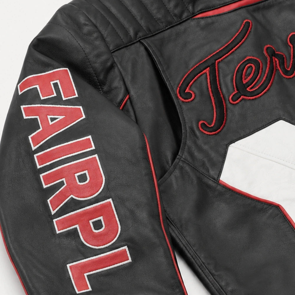 Man wearing Men's Mr Terrific Jacket styled as premium black leather outerwear for casual streetwear and fan-inspired fashion.