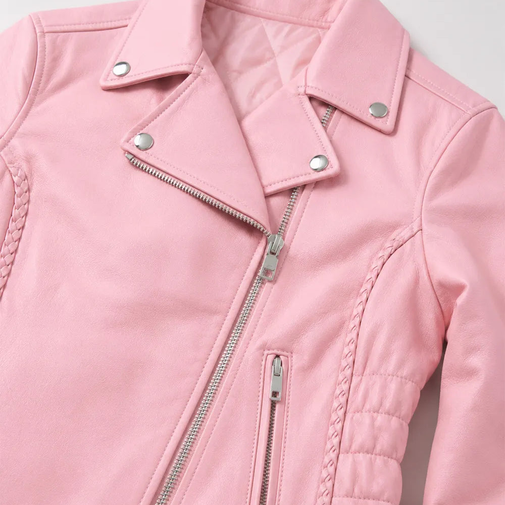Side view of a women's pink leather biker jacket with stretch side panels, premium leather construction, and a comfortable motorcycle riding fit
