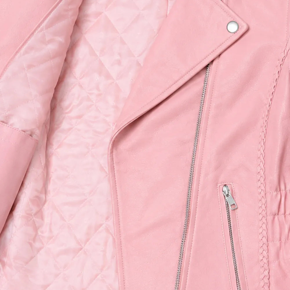 Women's pink leather jacket showing the interior pocket and removable zip-out liner for convenient storage and everyday riding comfort.