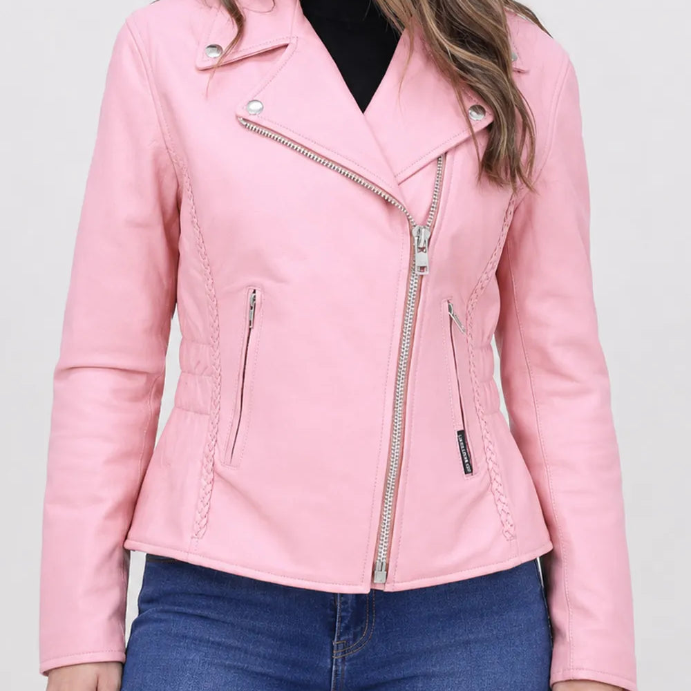 Three-quarter front view of a women's pink motorcycle leather jacket with silver hardware, YKK zippers, and a classic moto style.