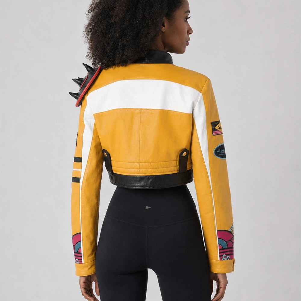 Back view of the Rumi Kpop Demon Hunters Jacket featuring premium yellow leather, detailed artwork, and black accents.