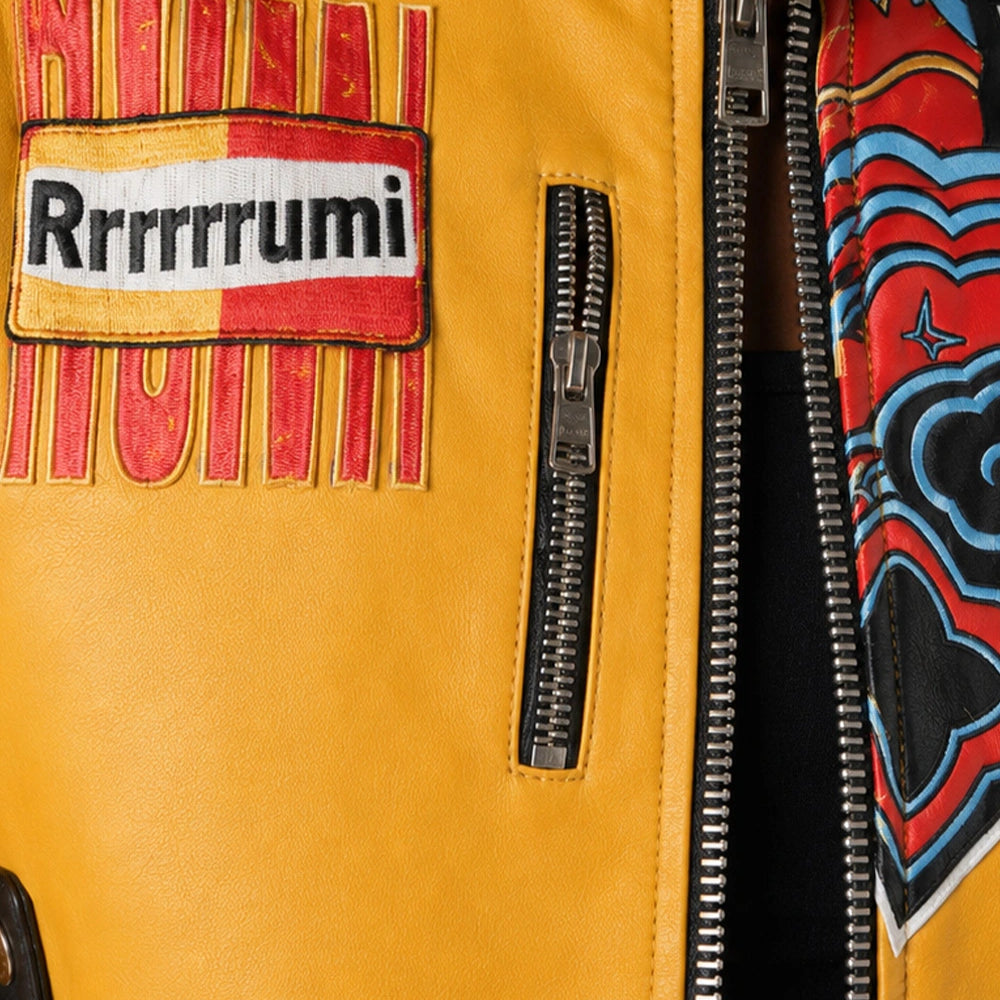 Side profile of the Rumi Kpop Demon Hunters Jacket with cropped fit, stand collar, and premium leather construction.
