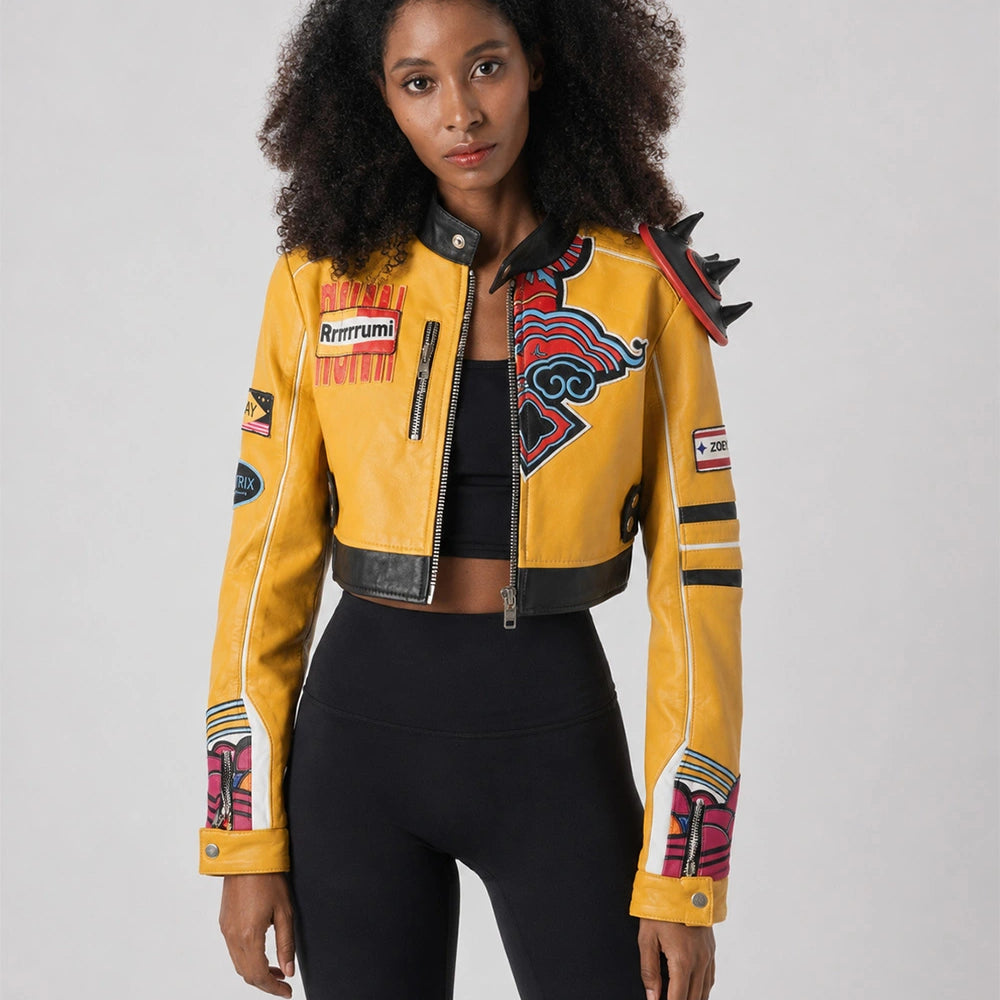 Model wearing the Rumi Kpop Demon Hunters Jacket styled with casual streetwear for a bold everyday look.
