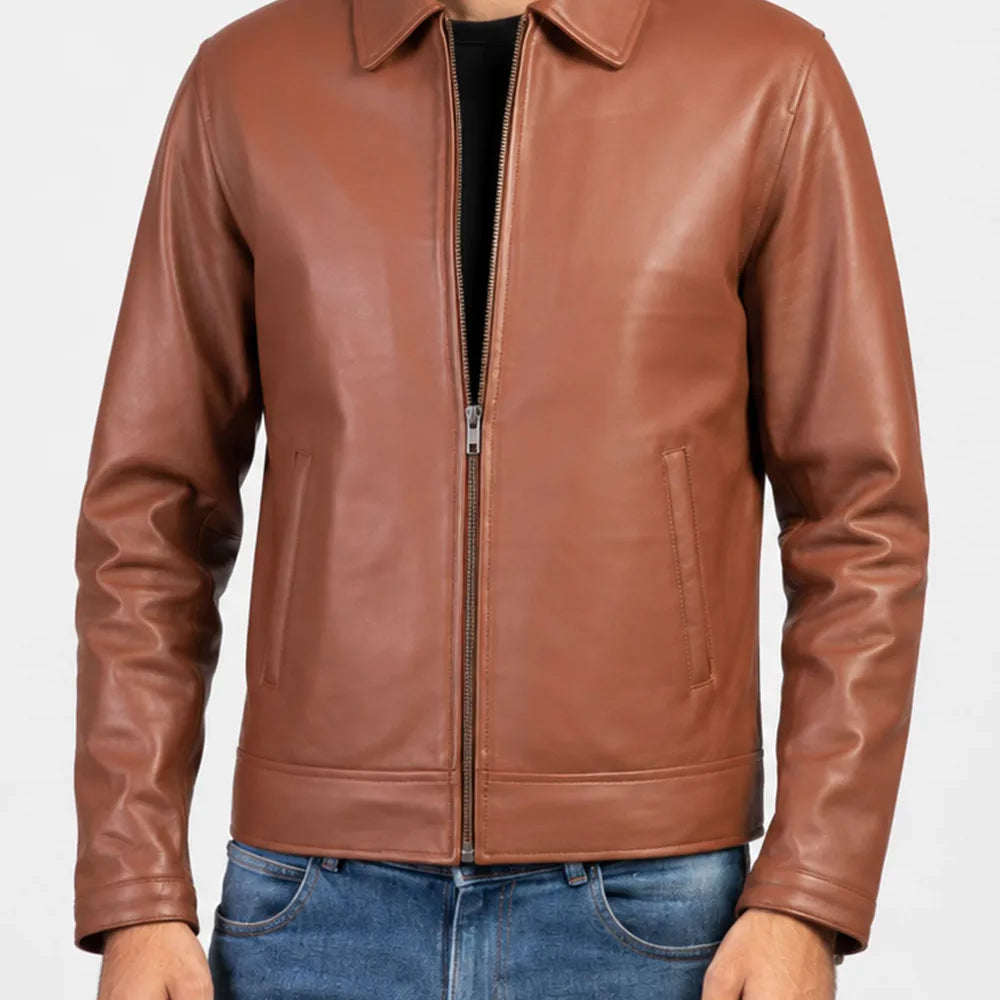 Side view of a collared leather Harrington jacket for men with a regular fit and timeless everyday style.