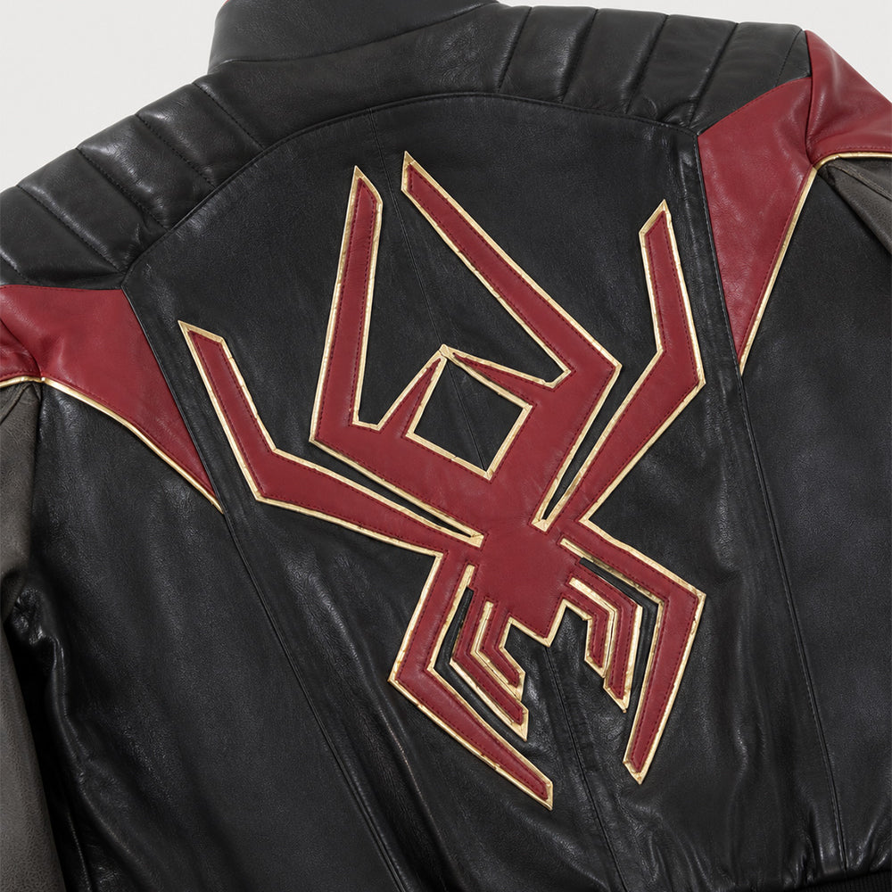 Close-up of the Spider Man leather jacket showing premium leather texture, durable stitching, and high-quality zipper hardware.
