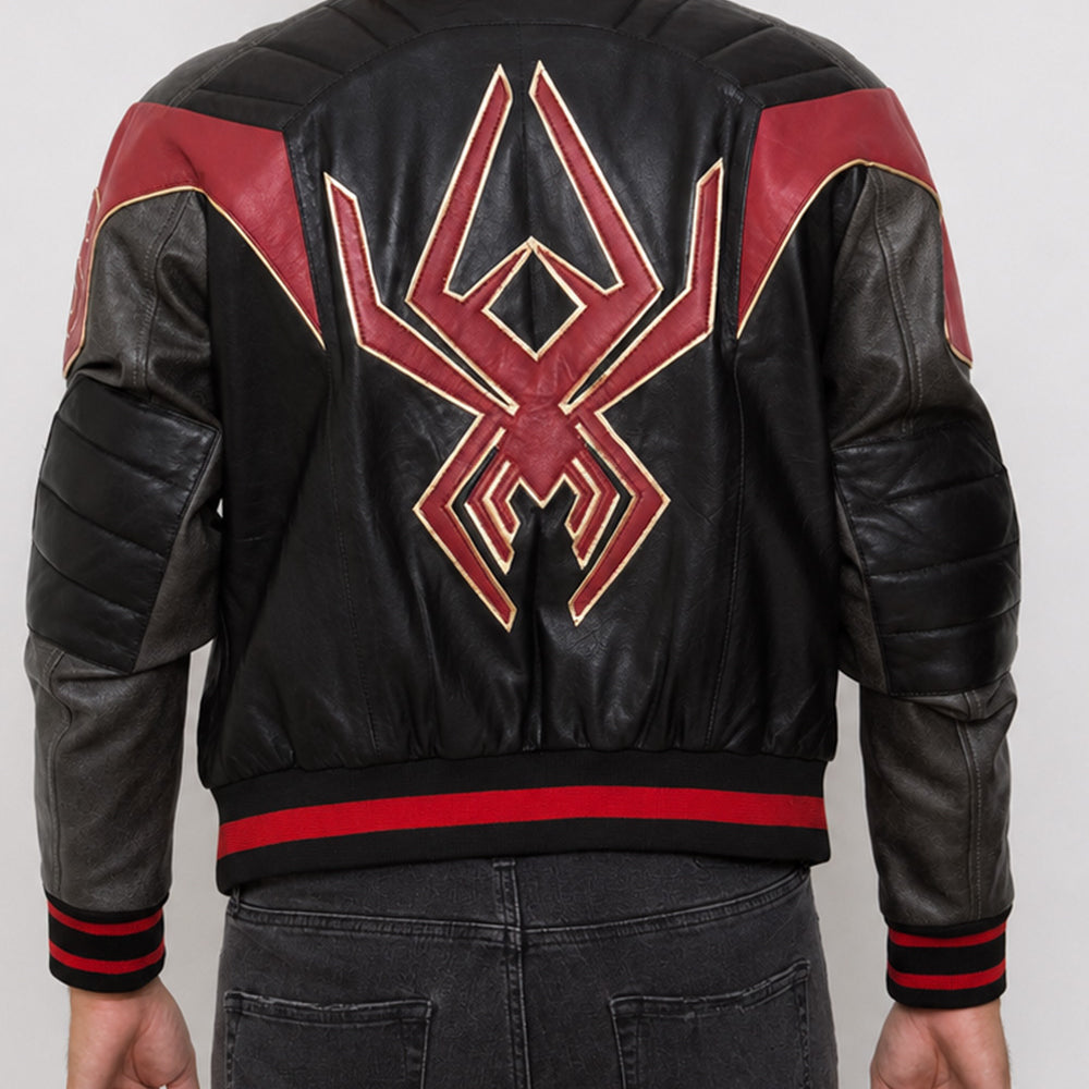 Back view of a Spider Man leather jacket featuring bold red graphic details on premium leather with a comfortable biker fit.